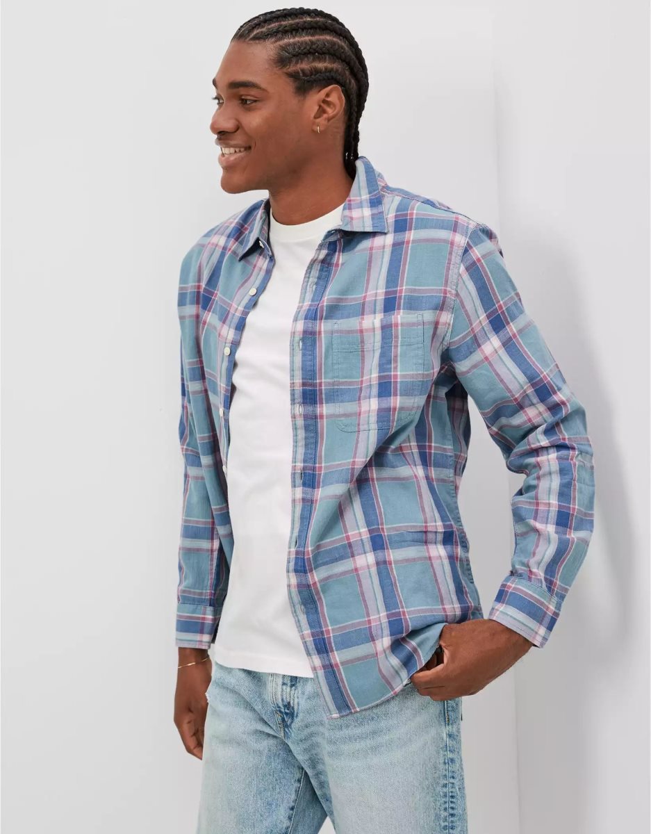 Hauts Flanelle American Eagle AE Super Soft Everyday Plaid Button-Up Shirt Bleu Homme | NOG-59791360